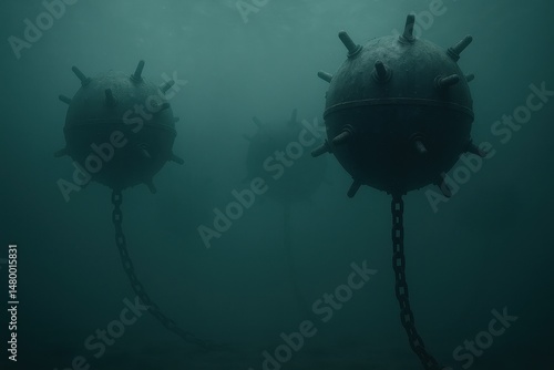 Close-up of naval mines underwater, military defense technology
