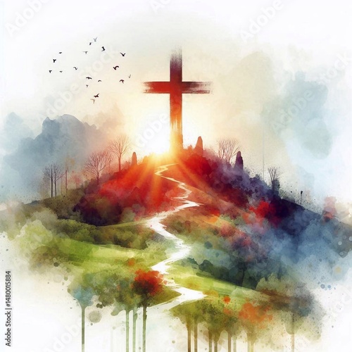 Watercolor illustration of a Christian cross on a hill. AI generated illustration