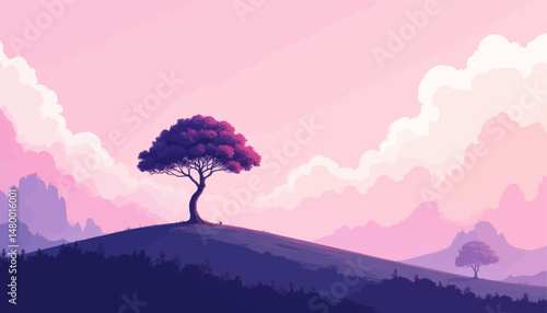 Lone Tree Sunset Landscape Hillside Purple Clouds