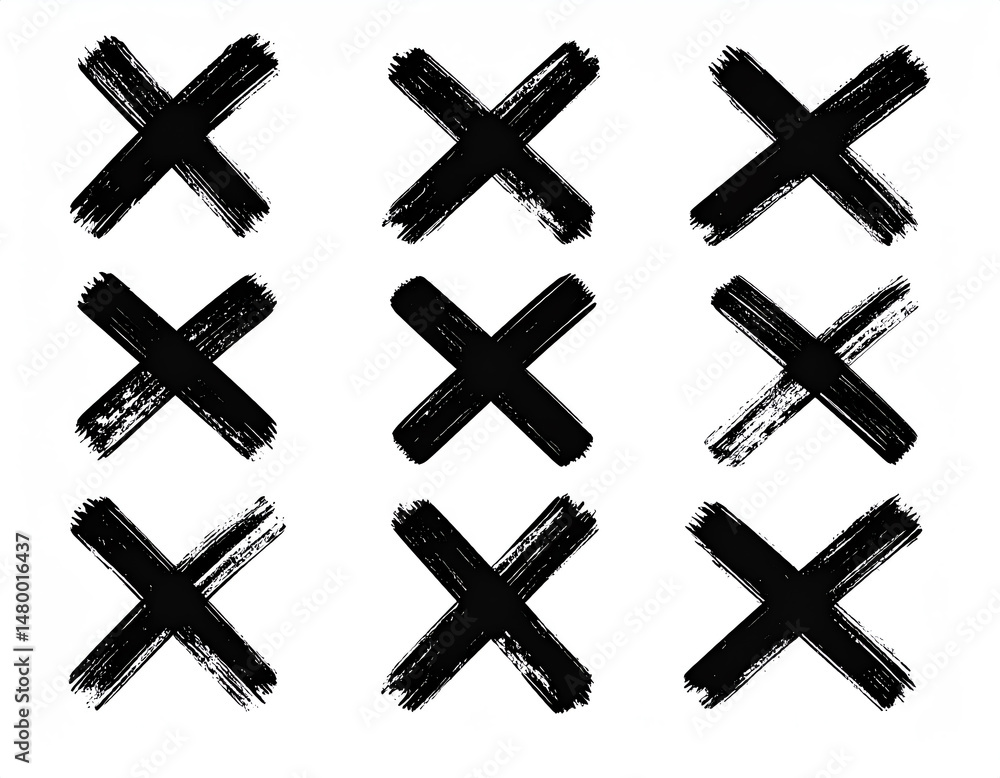 Black brushstroke crosses arranged in a grid pattern on a white background, creating a striking visual contrast and simple artistic design Black brushstroke crosses arranged in a grid pattern on a white background, creating a striking visual contrast and simple artistic design