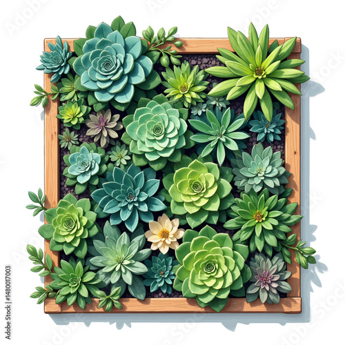 Lush Succulents in Wooden Frame under Soft Light
