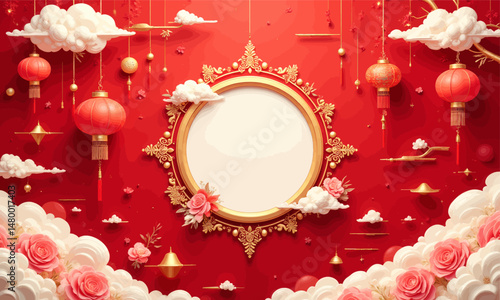 Luxurious Red Frame with Hanging Lanterns and Clouds