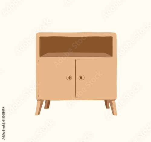 Minimalist Wooden Cabinet with Open Shelf and Doors in Warm Beige Tone