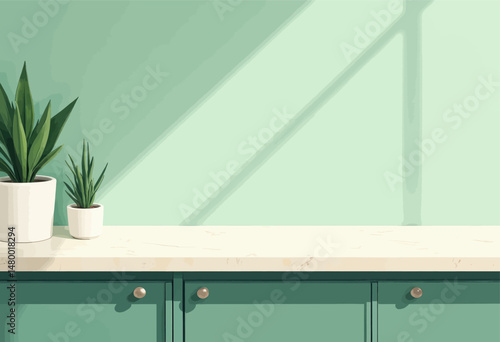 Minimalistic Green Kitchen Counter with Snake Plants and Soft Lighting