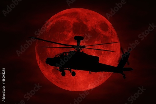 Attack helicopter Apache silhouette against a red moonlit sky