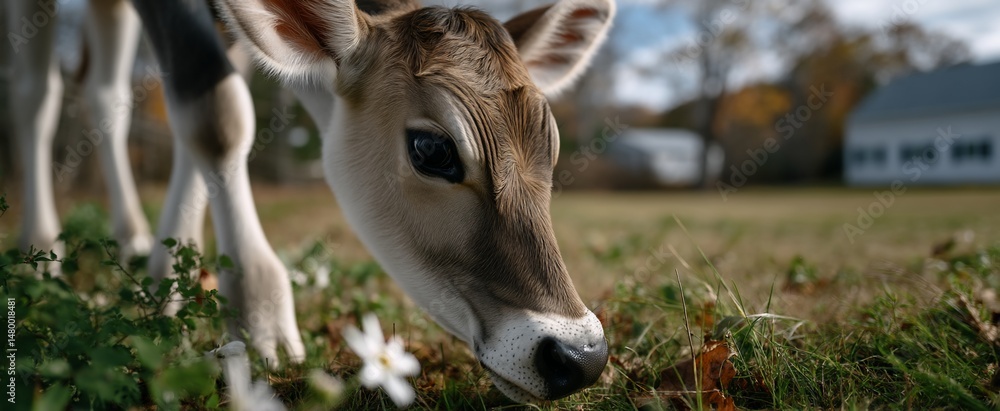 Naklejka premium Young calf grazing in a field