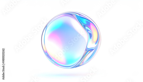 A colorful, iridescent bubble floats against a white background, showcasing a blend of soft pastel hues and a smooth, reflective surface