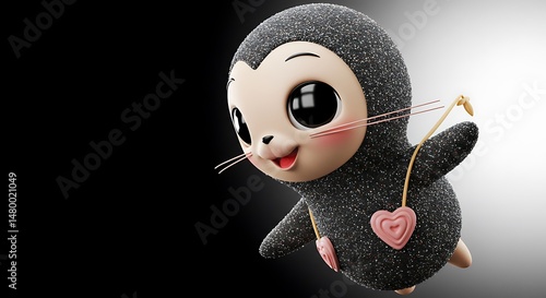 3d cute illustration, digital fractal on black background with glimmering silver tones, subject positioned on the left side for copy space on the right.