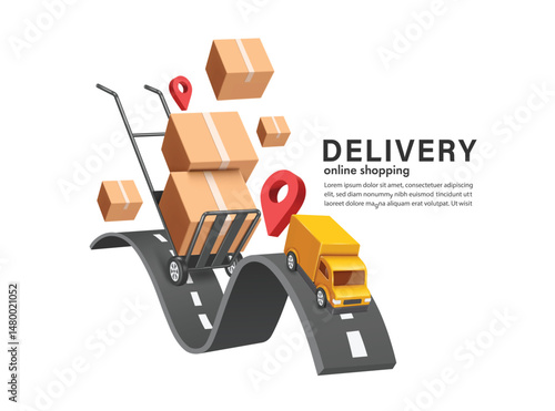 Parcel boxes or cardboard boxes are placed on cart or trolley used in warehouse and are running on the road following yellow truck to deliver to customers according to their orders, vector 3d