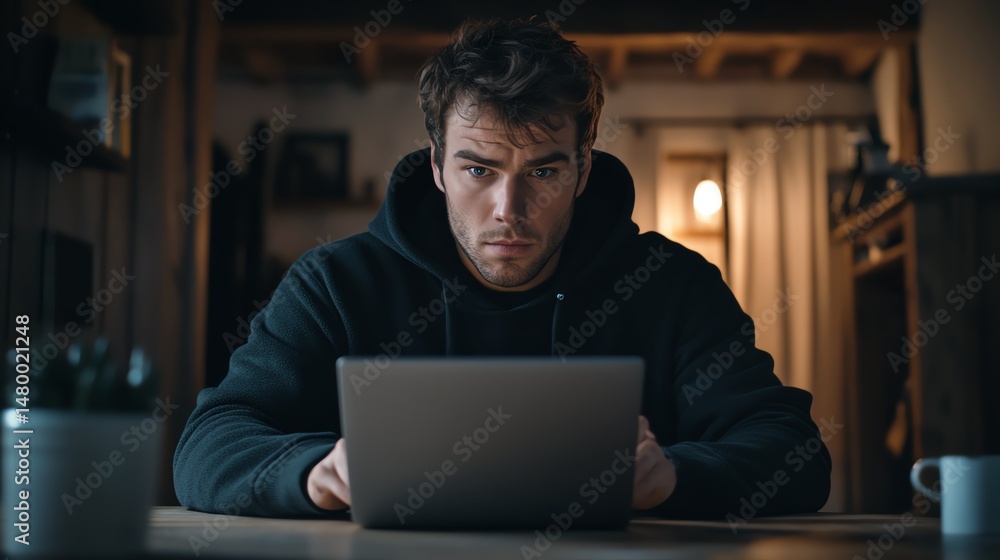 Intense focus of a man working on a laptop at night. Intense focus of a man working on a laptop at night.