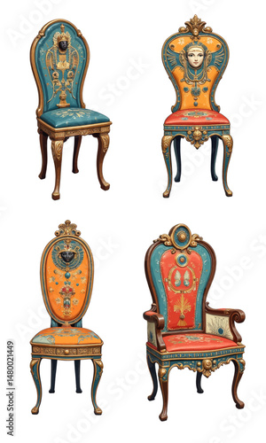 Opulent Egyptian-Inspired Chairs in Rich Colors and Gold Accents