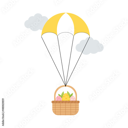 easter egg in the basket and flying using a parachute