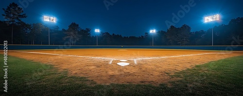 Night baseball field, lights, trees