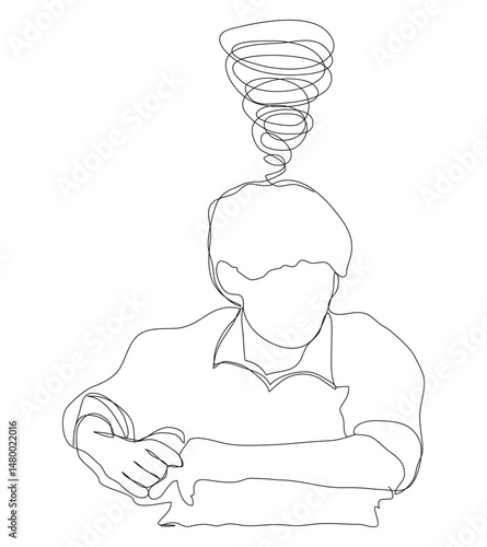 Sketch problem concept minimal man emotion stress headache drawing line art. Male unhappy depress hand drawn continuous line concept with white isolated background. Abstract,vector,illustration.