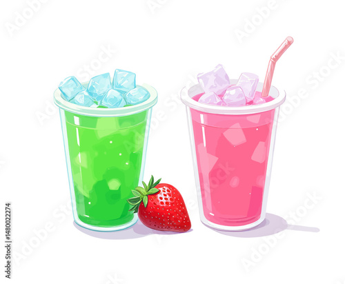 Refreshing Summer Drinks with Strawberry and Ice Cubes
