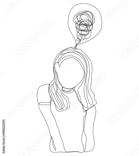 Sketch problem concept minimal woman emotion stress headache drawing line art.Female unhappy depress hand drawn continuous line concept with white ioslated background.Abstract,vector,illustration.