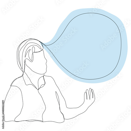 Sketch minimal concept man say think chat box drawing line art. Male boy think idea comment hand drawn continuous line concept white ioslated background. Abstract,vector,illustration.