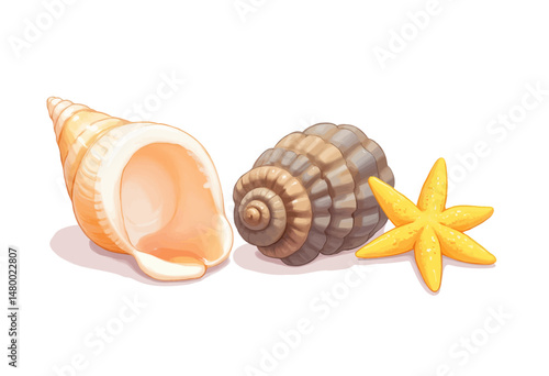 Seashells and Starfish on Sandy Beach at Sunset