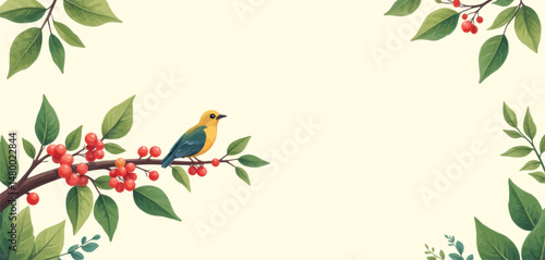 Serene Bird on Branch with Berries and Green Leaves