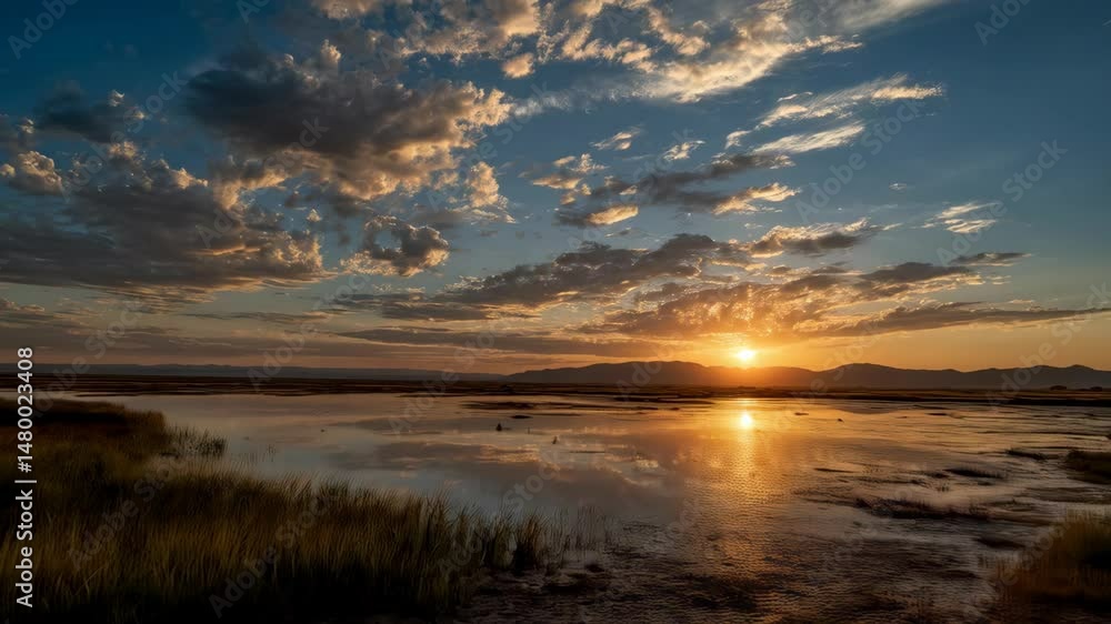 Serene sunset over the calm lake reflecting sunlight through the clouds and distant mountains, creating a picturesque landscape. Serene sunset over the calm lake reflecting sunlight through the clouds and distant mountains, creating a picturesque landscape.