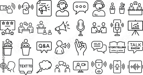 set of vector icons Active Listening icon, Presentation, Debate icon, Lecture icon,  of different professions on white background