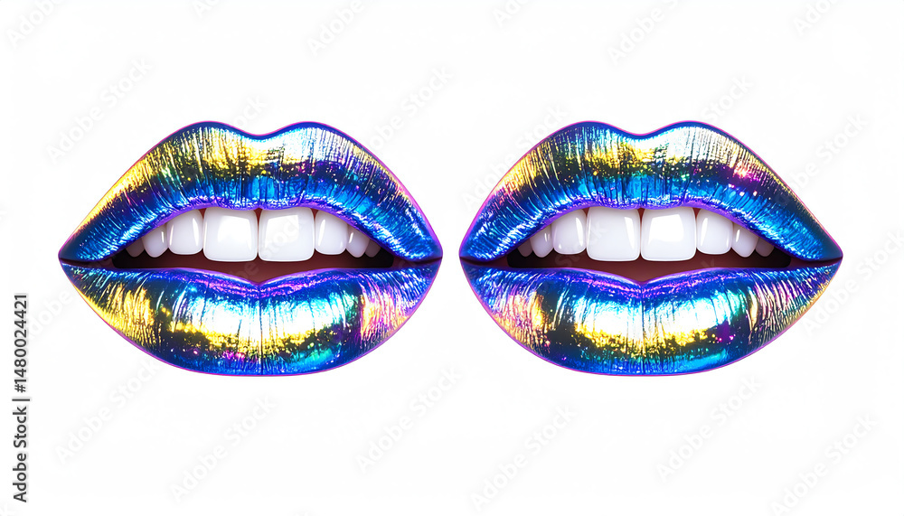 Vibrant rainbow-colored lips with glossy shine and bright white teeth, showcasing a bold and artistic makeup style Vibrant rainbow-colored lips with glossy shine and bright white teeth, showcasing a bold and artistic makeup style