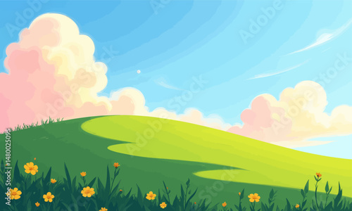 Serene Green Hills Sunset Flowers Clouds Meadow