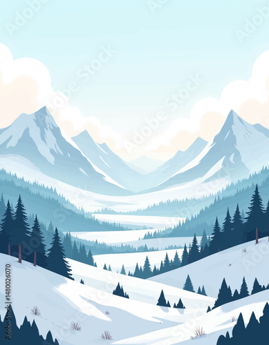 Serene Snowy Mountain Valley with Pine Trees and Frozen Lake
