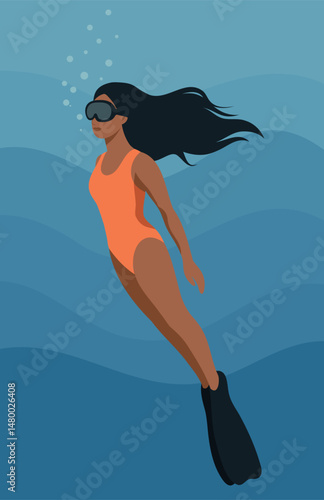 Summer and vacation. Vector illustration of a tanned woman or girl diving on vacation, swimming underwater in a mask and fins. Depth, underwater world, harmony. For tourism projects, travel