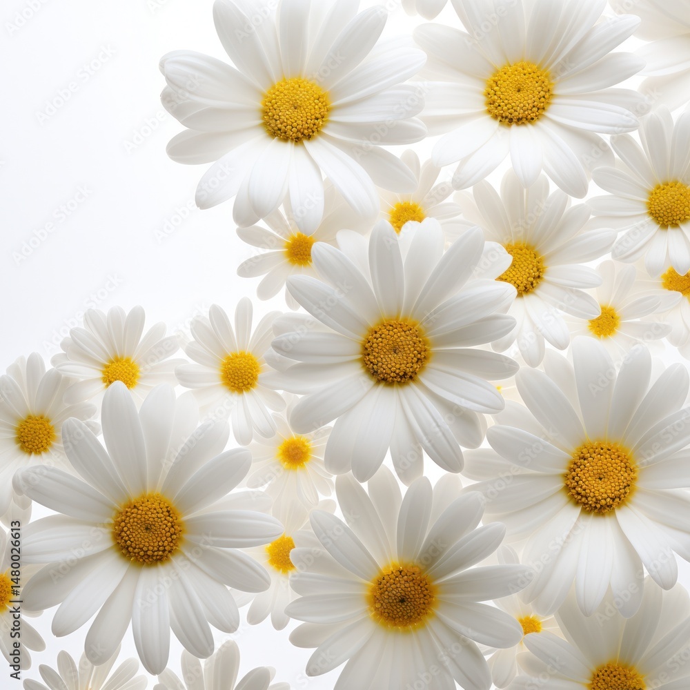 Fototapeta premium Close-up of a spring daisy border with white petals and yellow centers, set against a soft light background