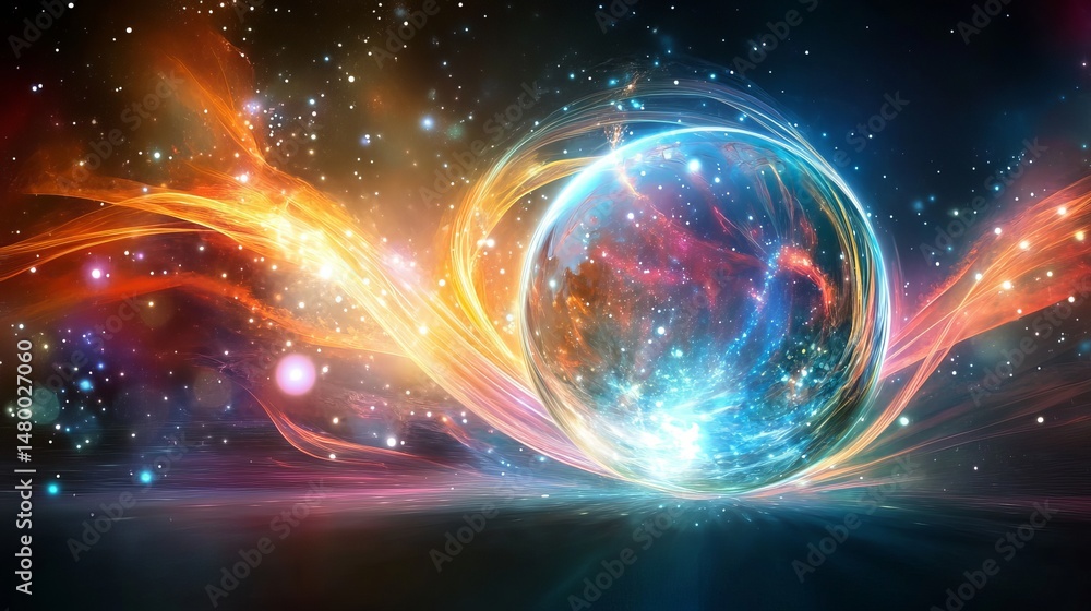 Fototapeta premium Vibrant cosmic sphere in a nebula of bright orange and blue hues art red ice glow fire space light