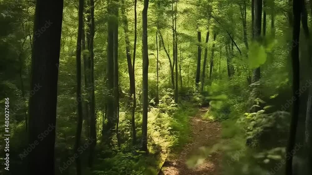 Scenic hiking trail winding through a lush green forest in the morning Scenic hiking trail winding through a lush green forest in the morning