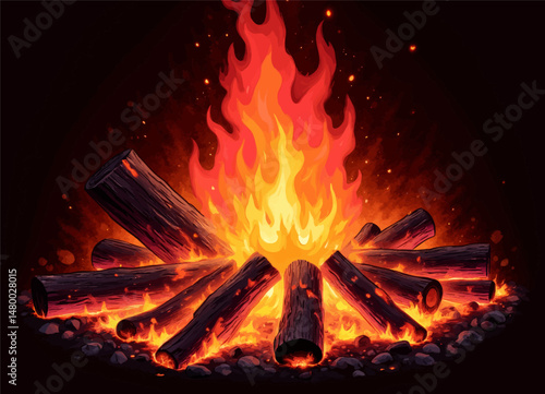 Vibrant Bonfire Night Campfire with Logs and Flames