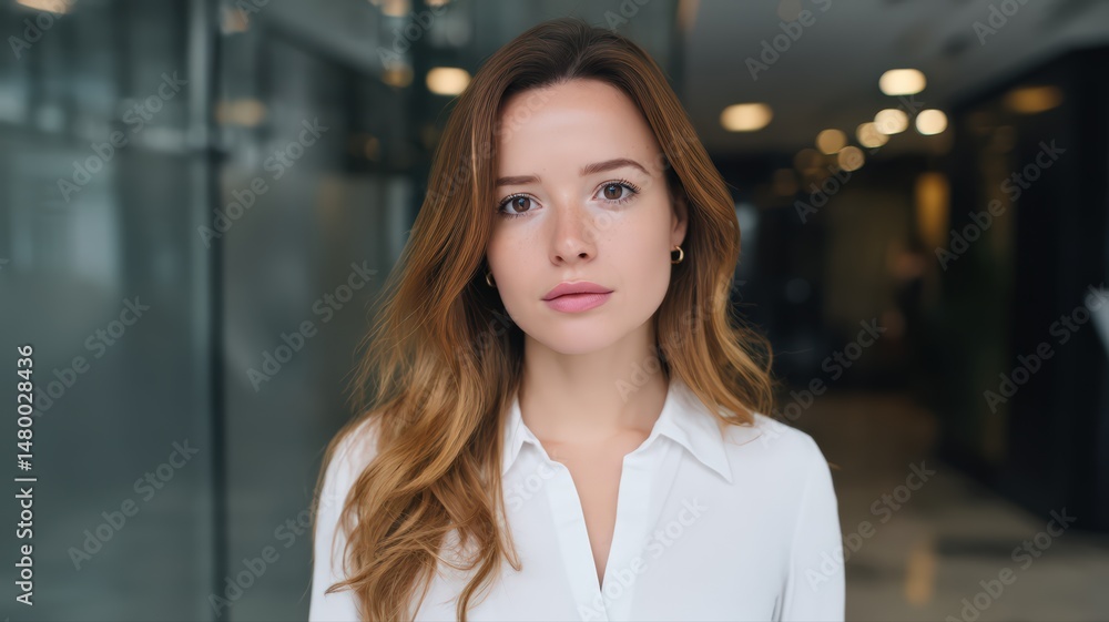 Naklejka premium Confident Young Woman in White Shirt Professional Portrait in Modern Building