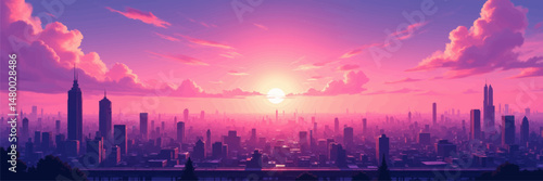 Vibrant City Sunset Skyline with Pink Clouds and Silhouettes