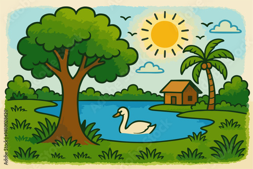 vector lake view with ducks and beautiful houses