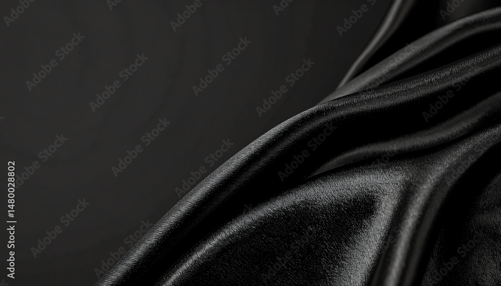 Fototapeta premium Elegant black fabric drapes gracefully, showcasing smooth textures and rich shadows against a dark background