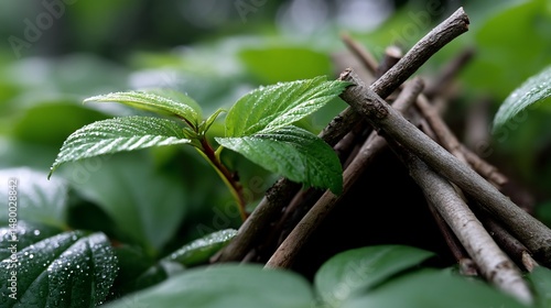 Young plant emerging from a small twig shelter amidst lush greenery