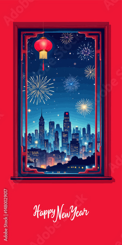 Vibrant Cityscape Night Celebration with Fireworks and Red Lanterns
