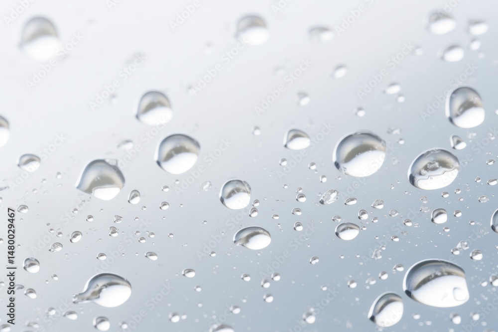 Numerous water droplets beading up on a smooth transparent surface with light refractions creating a sparkling effect Numerous water droplets beading up on a smooth transparent surface with light refractions creating a sparkling effect