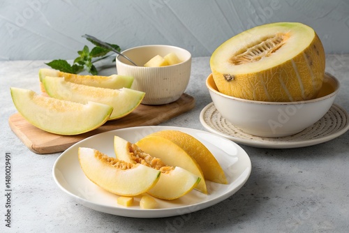 A tasty and healthy snack of sliced yellow and white melon with other fresh fruit like banana and orange on a plateA tasty and healthy snack of sliced yellow and white melon with other fresh fruit lik