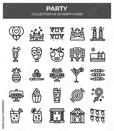 Collection of 25 Party Icons. Festive Event. Birthday Celebration. Summer Party Supplies