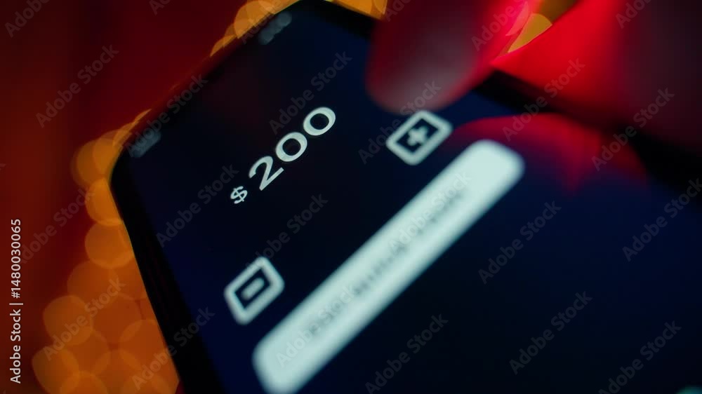 Receiving money through a mobile app. A fictional app for quick money loans, close-up