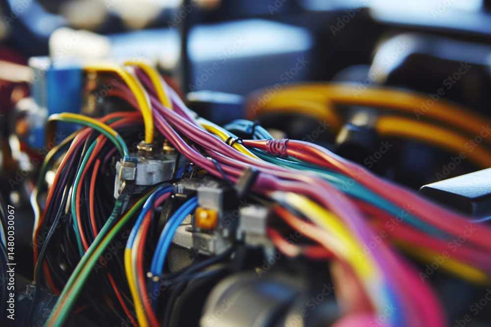 Colorful wires and cables tangled together in a complex network system Colorful wires and cables tangled together in a complex network system
