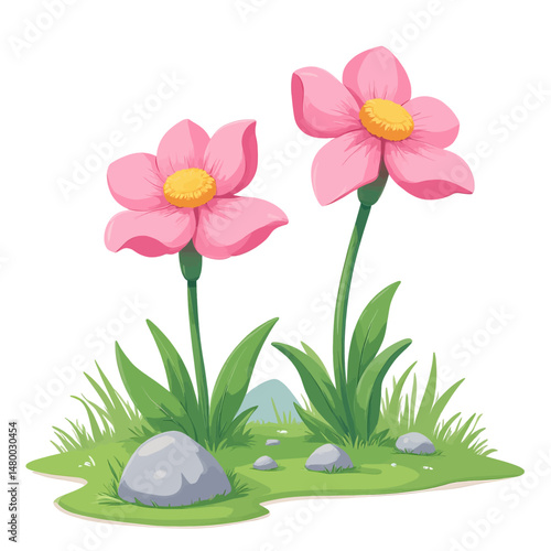 Vibrant pink flowers in lush green meadow with stones under clear sky