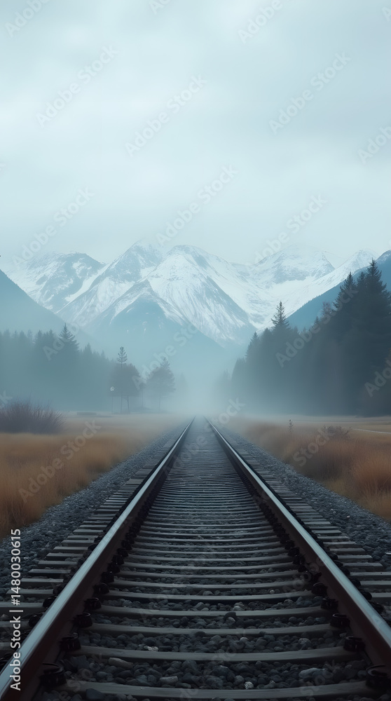 Fototapeta premium Lonely railway tracks through misty fields leading to distant snow-capped mountains
