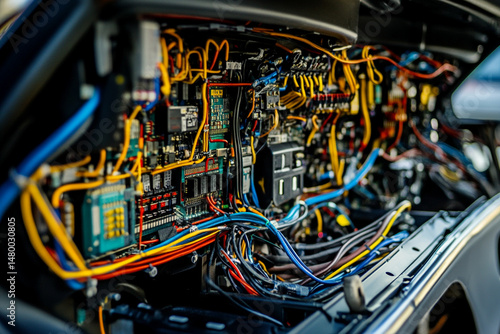Complex wiring and circuitry inside vehicle detailed view intricate system colorful cables electronic components