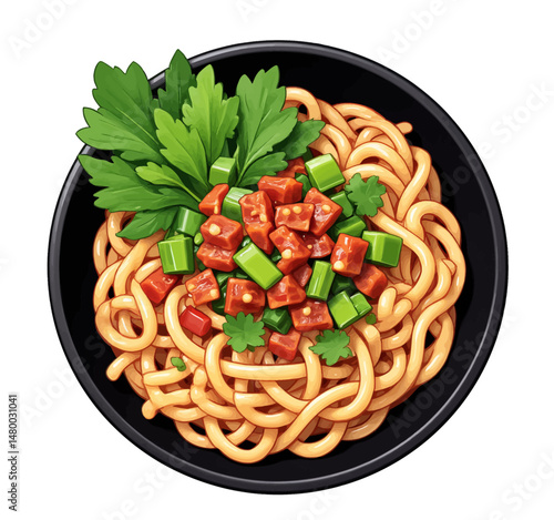Vibrant Spaghetti Bowl with Tofu and Greens in Black Bowl