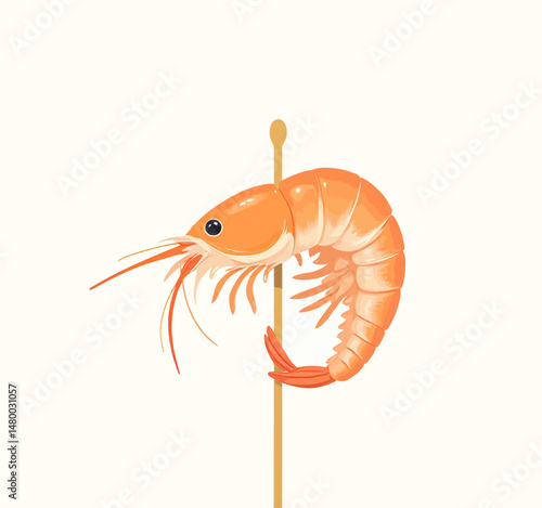 Vibrant Shrimp Skewered on Stick, Orange, Seafood, Minimalist, Grilling, Delightful