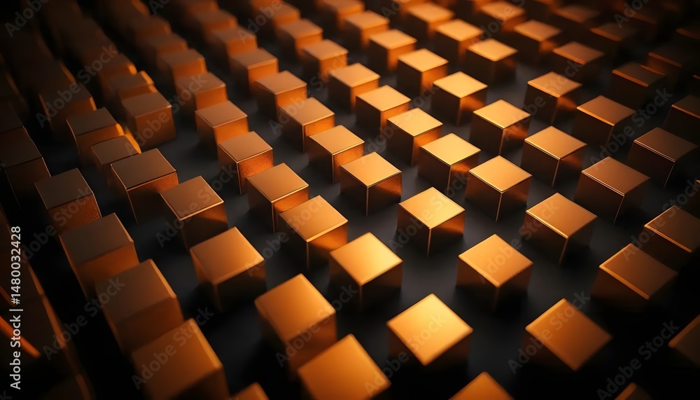 Fototapeta premium A grid of golden cubes arranged in a repeating pattern with dark background and soft lighting effect